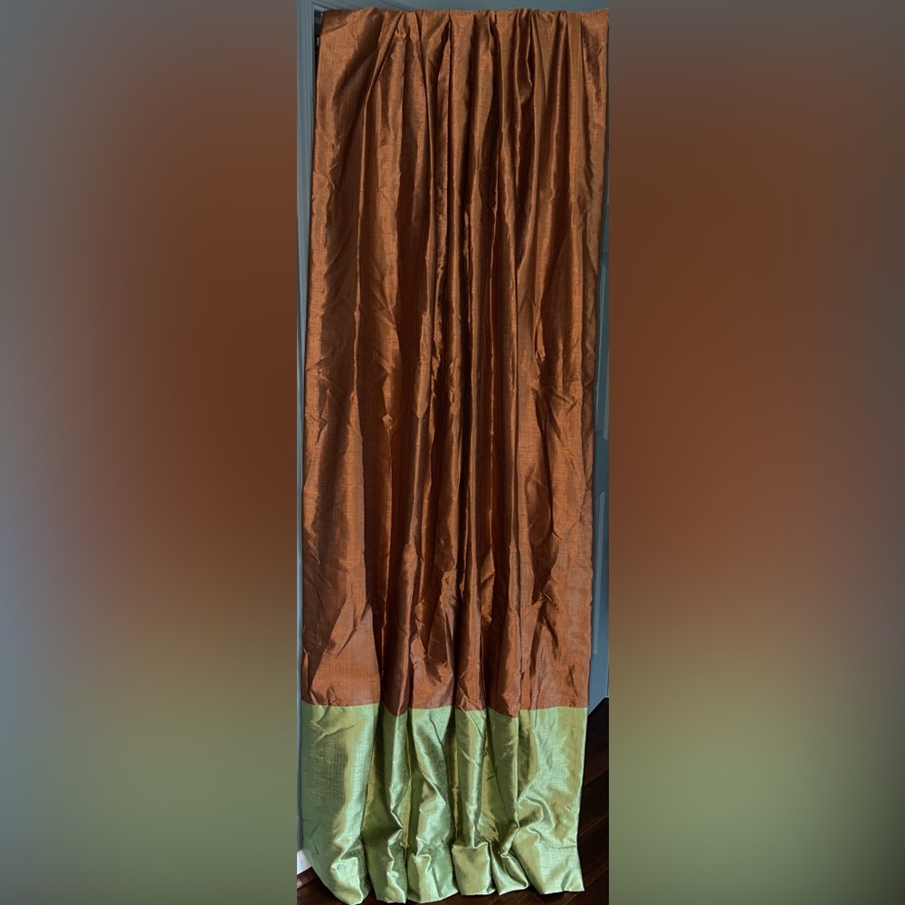 Custom Made Silky Satin Orange/Green Lined 2 Curtain Panels. Long 102”